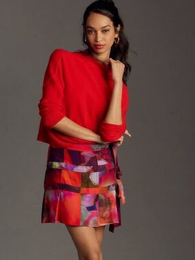 Plenty by Tracy Reese Abstract Watercolor Patchwork Mini Skirt Medium Pleated